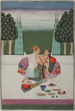  palace Deco Art - Folio from a Nayaka Nayika bheda A loving couple partially undresseed drinking wine on a palace terrace India